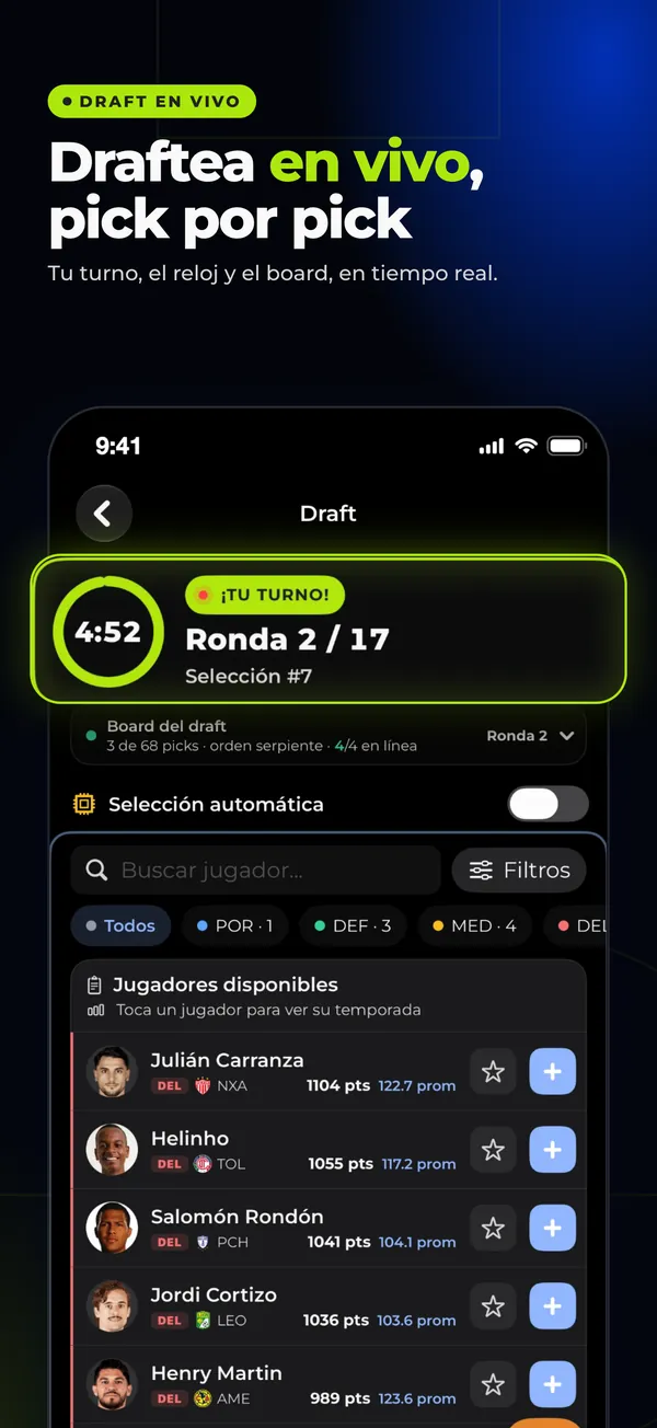 Draftea en vivo, pick por pick: tu turno, el reloj y el board del draft en tiempo real.
