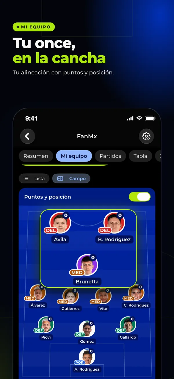 Tu once, en la cancha: tu alineación con puntos y posición.
