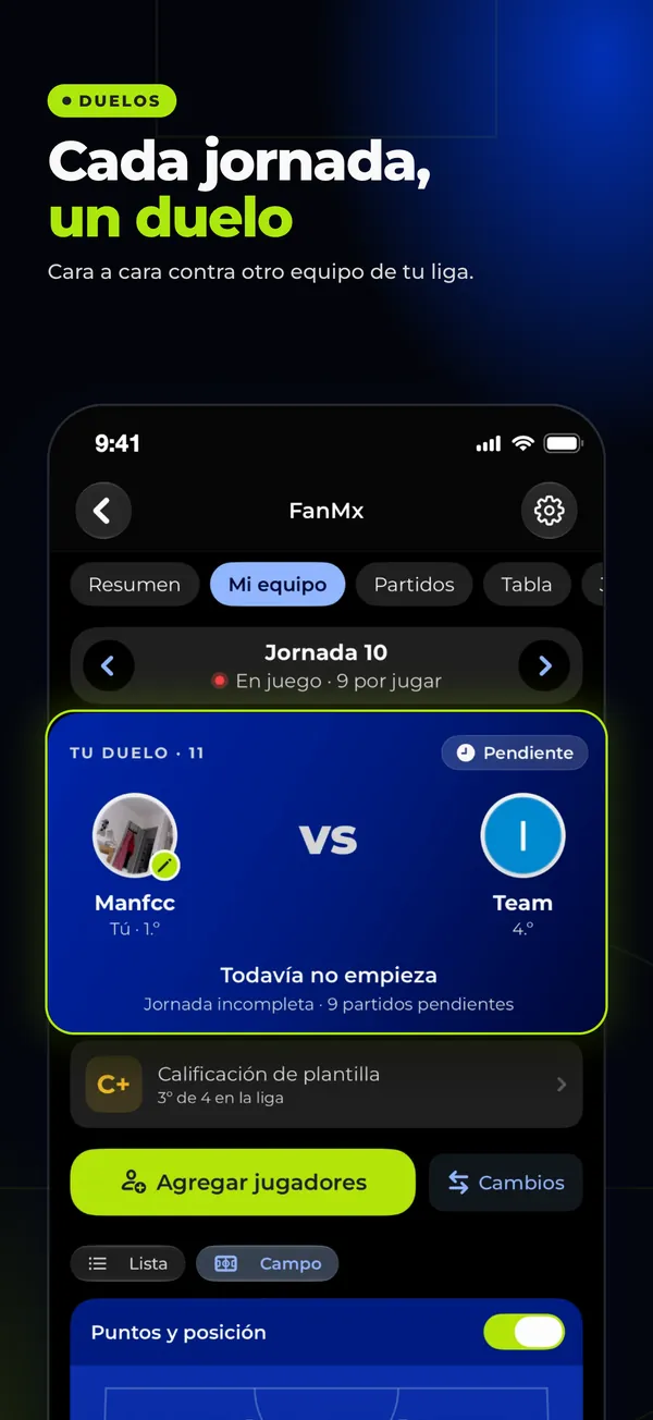 Cada jornada, un duelo: cara a cara contra otro equipo de tu liga.