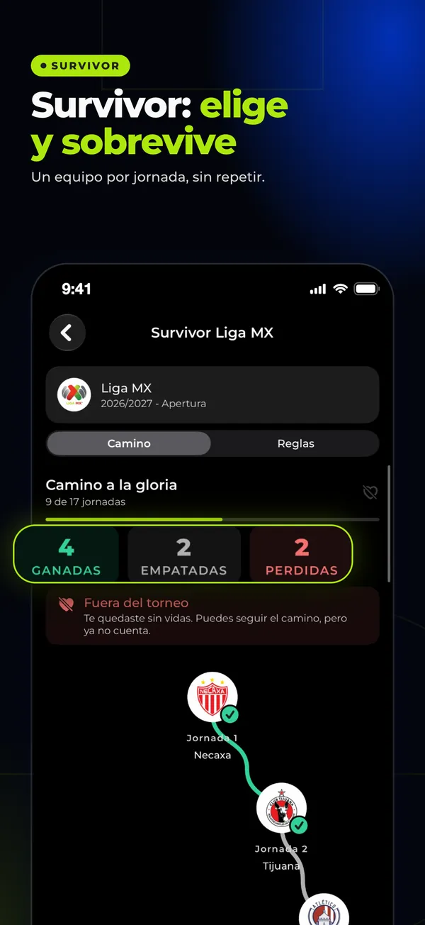 Survivor: elige un equipo por jornada, sin repetir, y sobrevive.